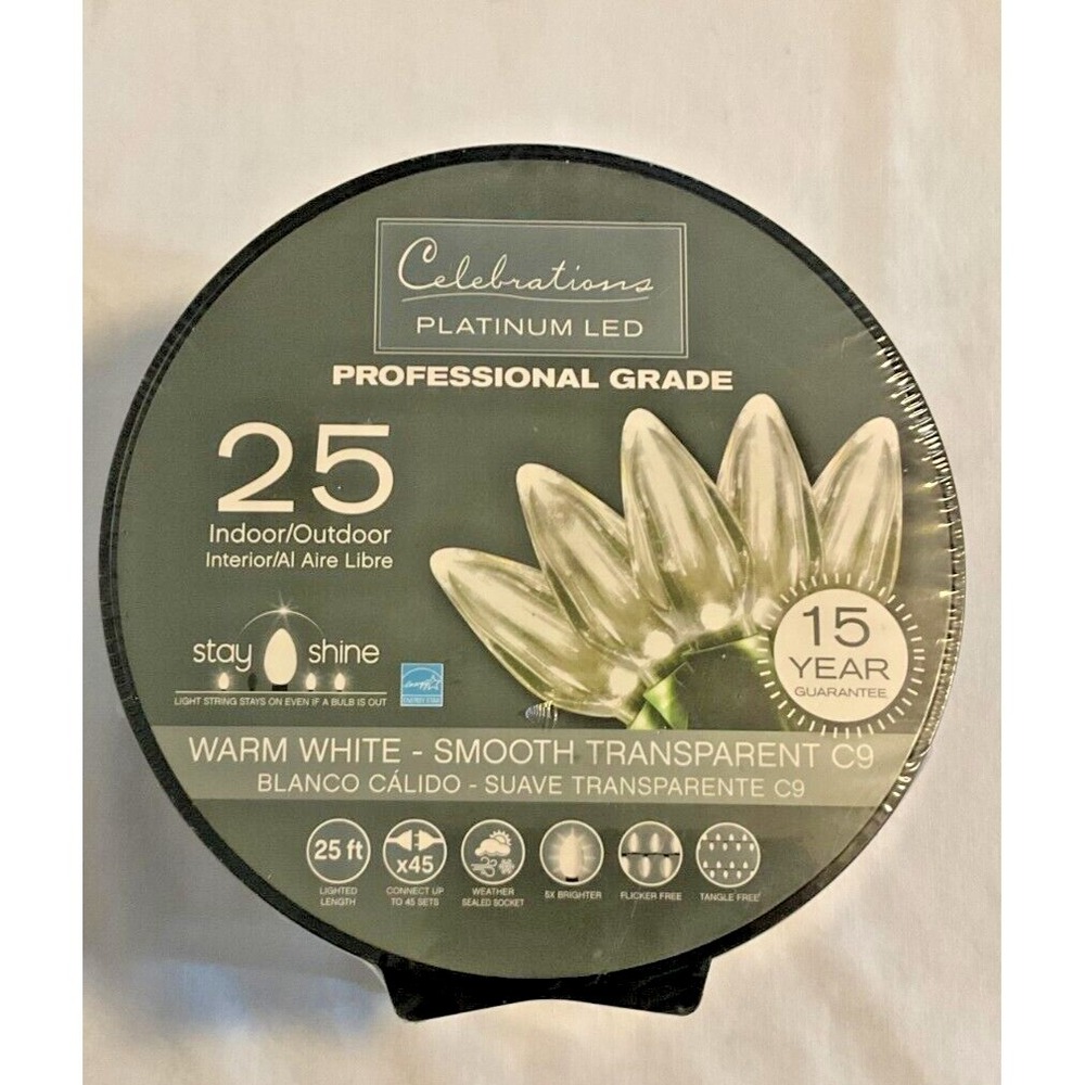 Celebrations Platinum LED Lights Pro Grade Warm White 25' Smooth Transparent C9